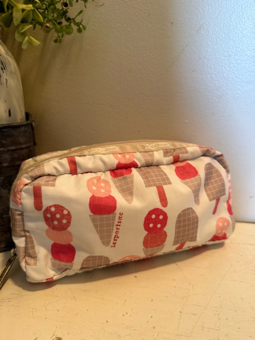 Lesportsac Cream Cosmetic Pouch with Coral & Taupe Ice Cream Print - Picture 2 of 5